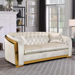 82.3 Inch Velvet Sofa Set for Living Room, 3 Seat Modern & Luxury Chesterfield Couch Sofa with Tufted Back&Gold Stainless Legs for Apartment, Office 2 Pillows Included Beige
