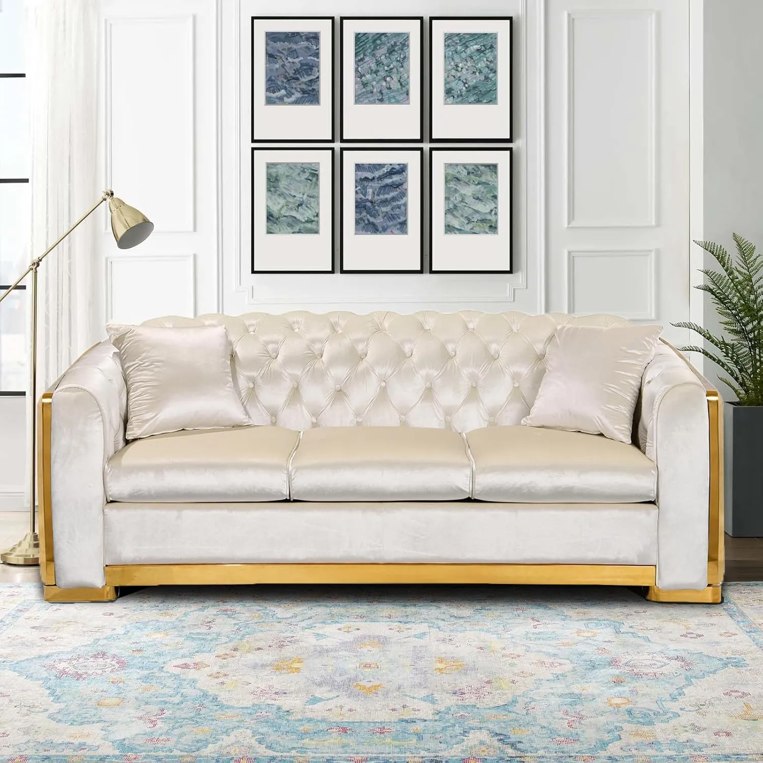 82.3 Inch Velvet Sofa Set for Living Room, 3 Seat Modern & Luxury Chesterfield Couch Sofa with Tufted Back&Gold Stainless Legs for Apartment, Office 2 Pillows Included Beige
