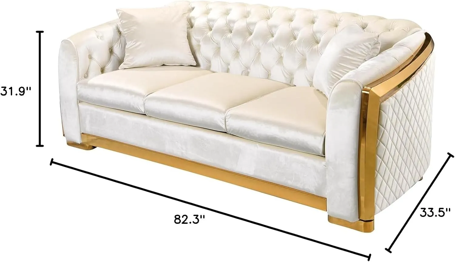82.3 Inch Velvet Sofa Set for Living Room, 3 Seat Modern & Luxury Chesterfield Couch Sofa with Tufted Back&Gold Stainless Legs for Apartment, Office 2 Pillows Included Beige