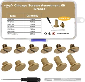 90Sets Chicago Screws Leather Rivets Assorted Screw Rivet M5 Chicago Leather Screw for Decoration and DIY Leather Craft Belt Bag Shoes Purse Bookbinding（M5*4,5,6,8,10,12） (Bronze)