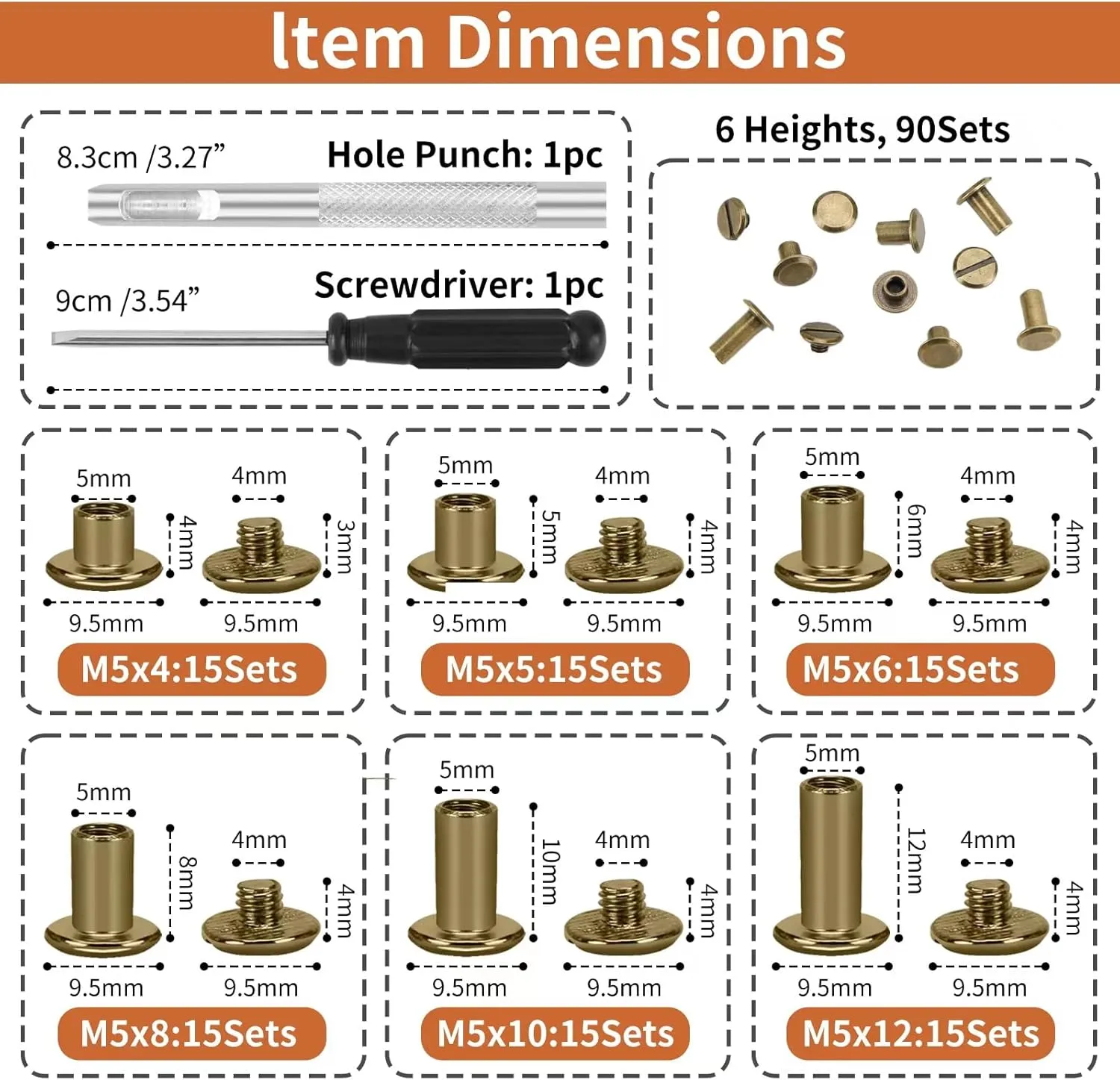 90Sets Chicago Screws Leather Rivets Assorted Screw Rivet M5 Chicago Leather Screw for Decoration and DIY Leather Craft Belt Bag Shoes Purse Bookbinding（M5*4,5,6,8,10,12） (Bronze)