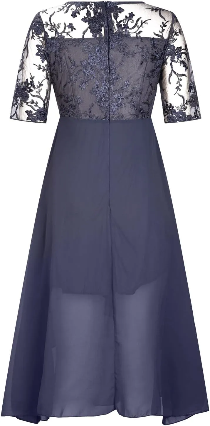 a Line Dresses for Women 2024 Formal Short Sleeve Square Neck Lace Chiffon Party Dresses Elegant Ruffle Swing Dress