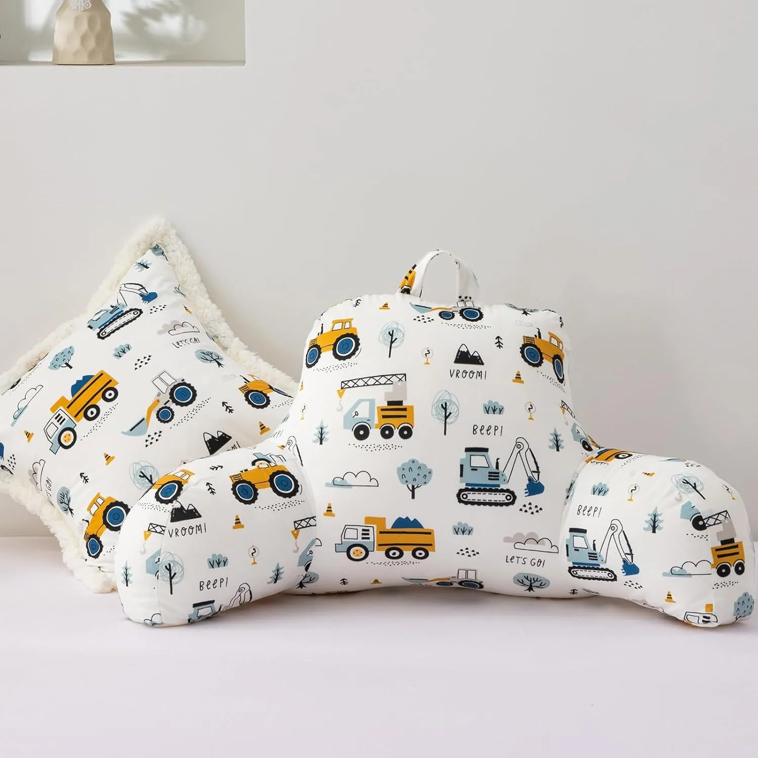 A Nice Night Kids Back Reading Pillow for Reading and Watching TV Bed to Lounge, Construction Tractor Car Printed，with Matching Cushion Cover