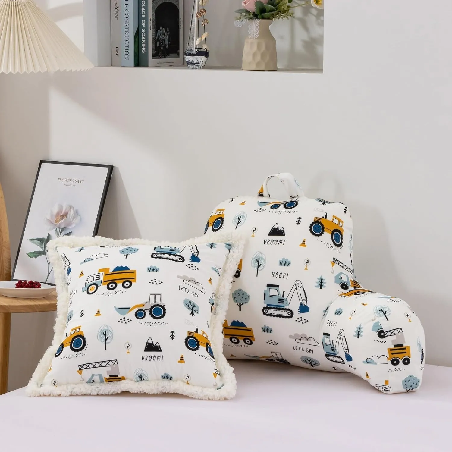A Nice Night Kids Back Reading Pillow for Reading and Watching TV Bed to Lounge, Construction Tractor Car Printed，with Matching Cushion Cover