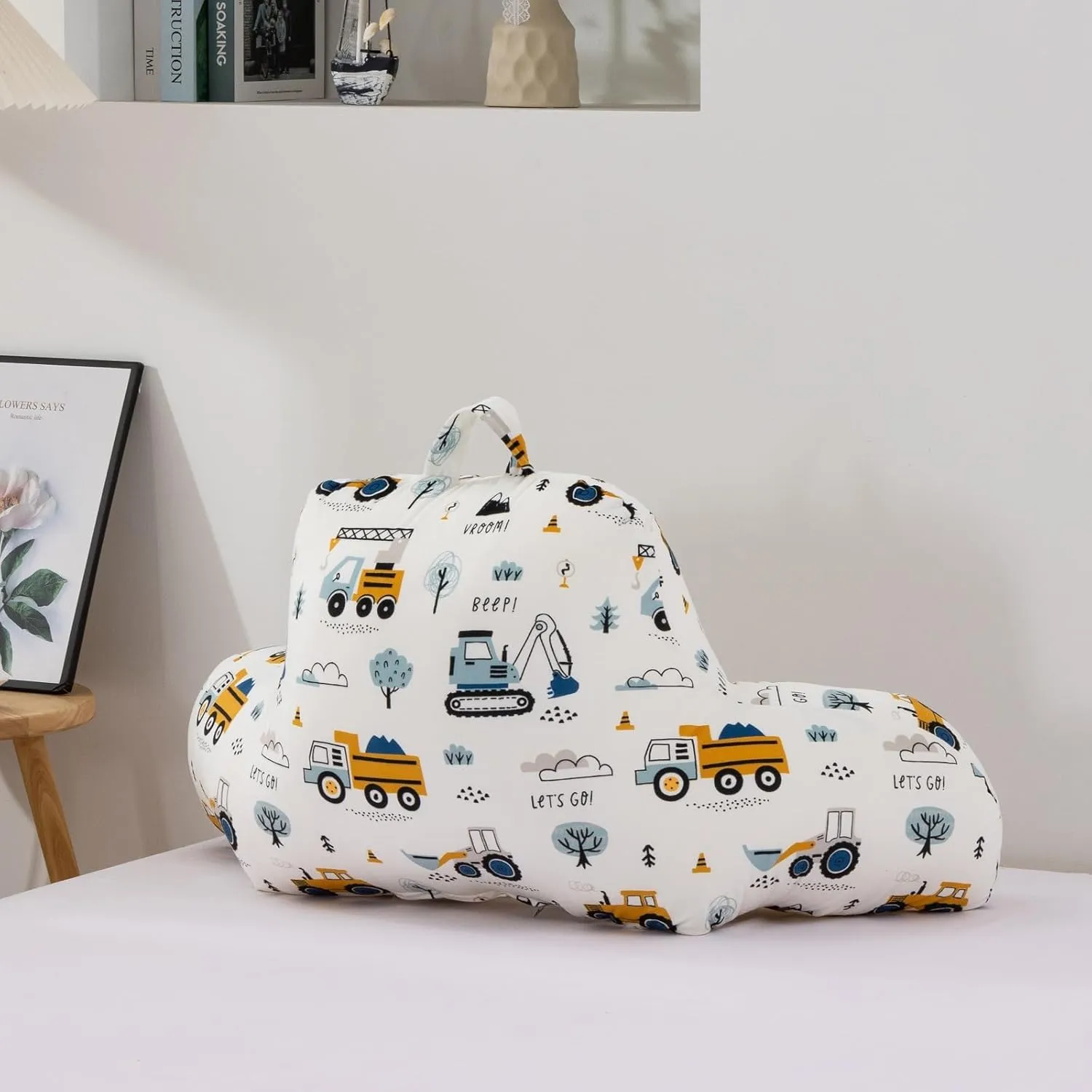 A Nice Night Kids Back Reading Pillow for Reading and Watching TV Bed to Lounge, Construction Tractor Car Printed，with Matching Cushion Cover