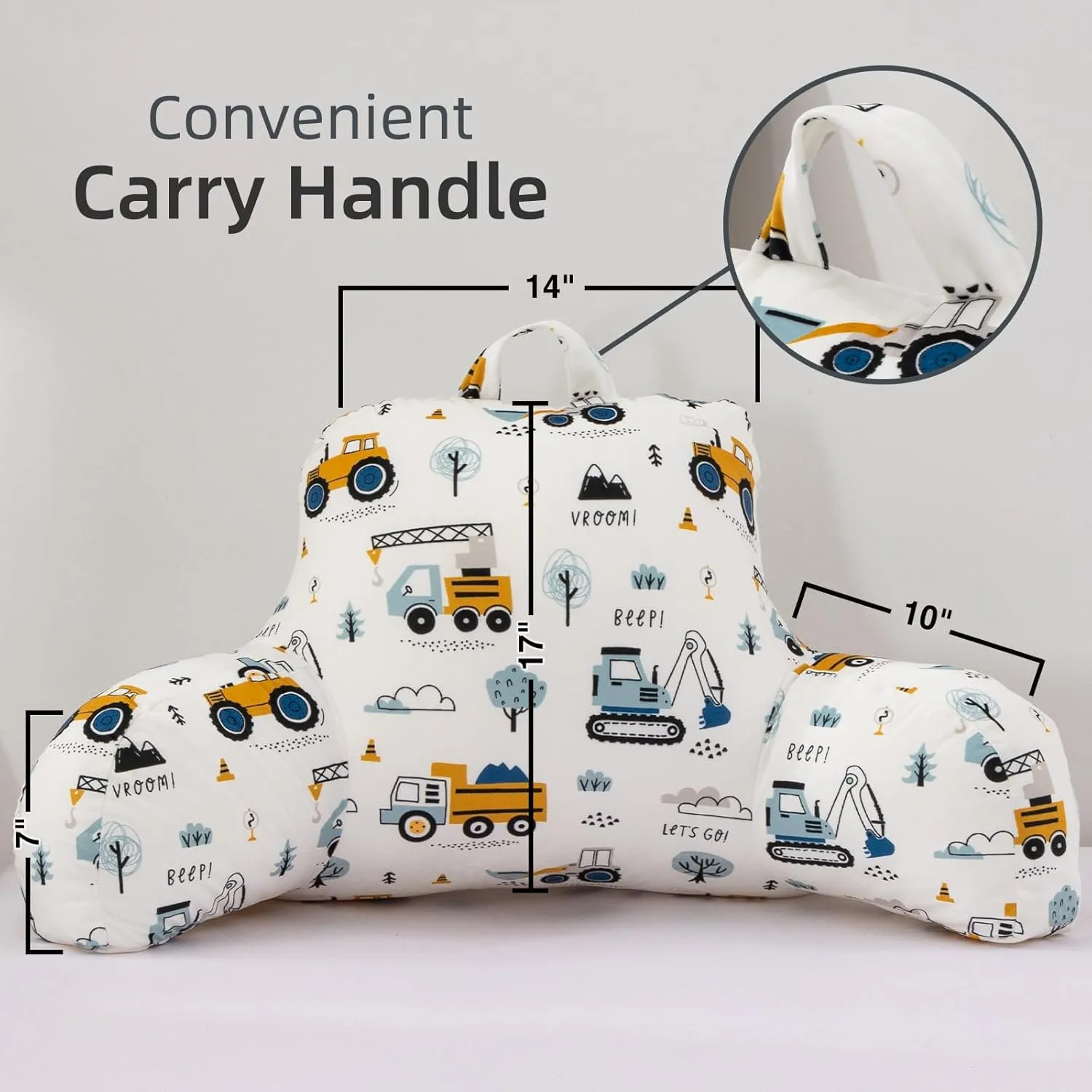 A Nice Night Kids Back Reading Pillow for Reading and Watching TV Bed to Lounge, Construction Tractor Car Printed，with Matching Cushion Cover