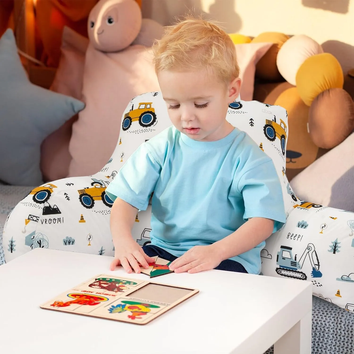 A Nice Night Kids Back Reading Pillow for Reading and Watching TV Bed to Lounge, Construction Tractor Car Printed，with Matching Cushion Cover