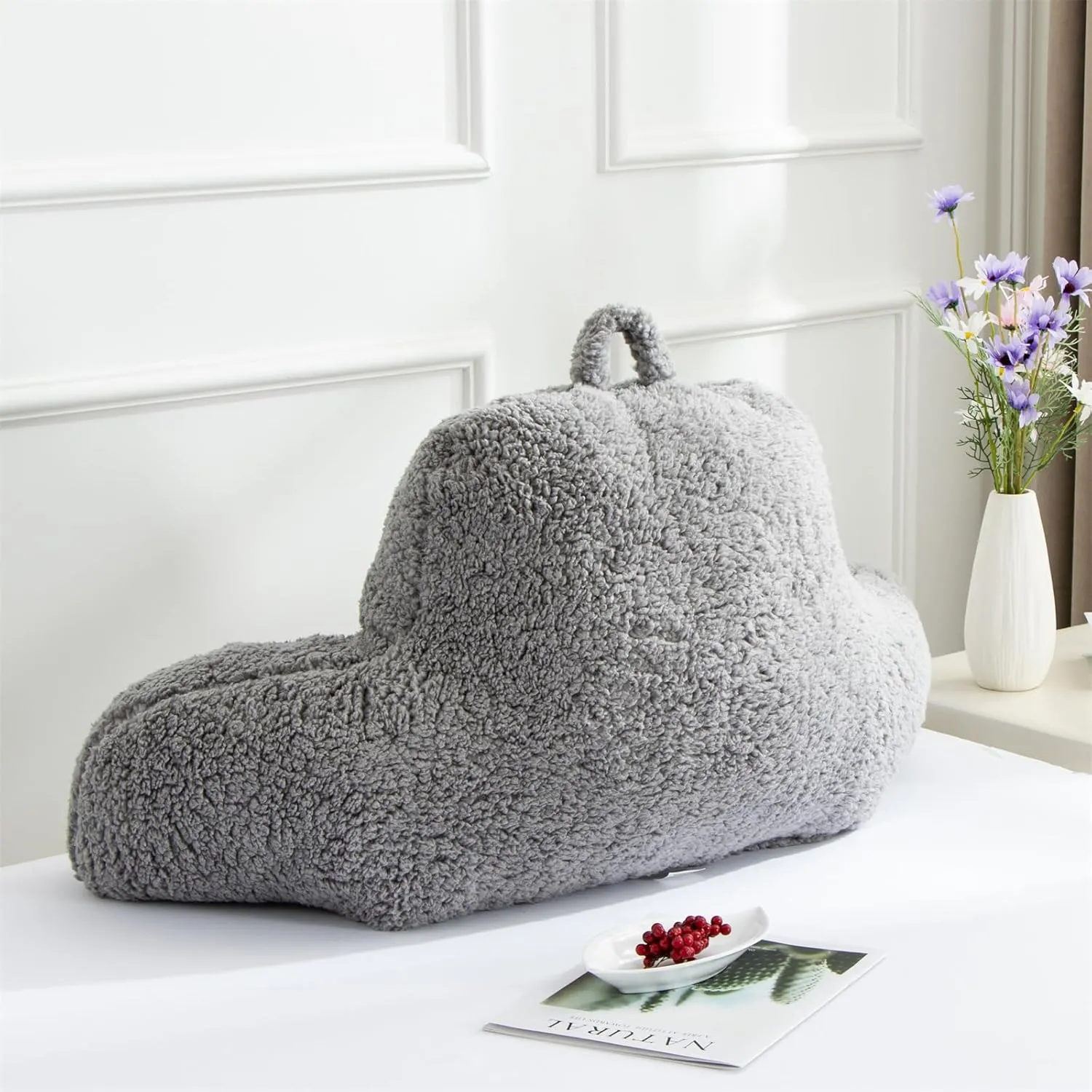 A Nice Night Sherpa Fleece Flannel Reading Pillow Bed Wedge Children Backrest with Arms Back Support for Sitting Up in Bed/Couch,Grey