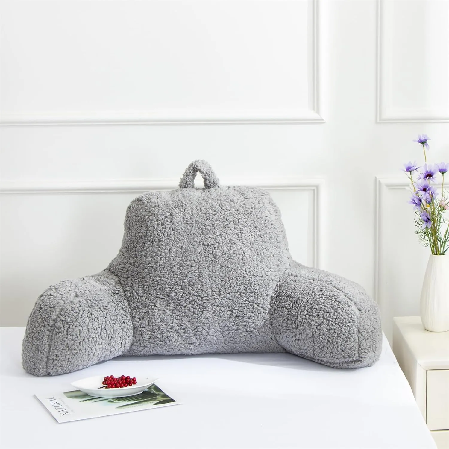 A Nice Night Sherpa Fleece Flannel Reading Pillow Bed Wedge Children Backrest with Arms Back Support for Sitting Up in Bed/Couch,Grey