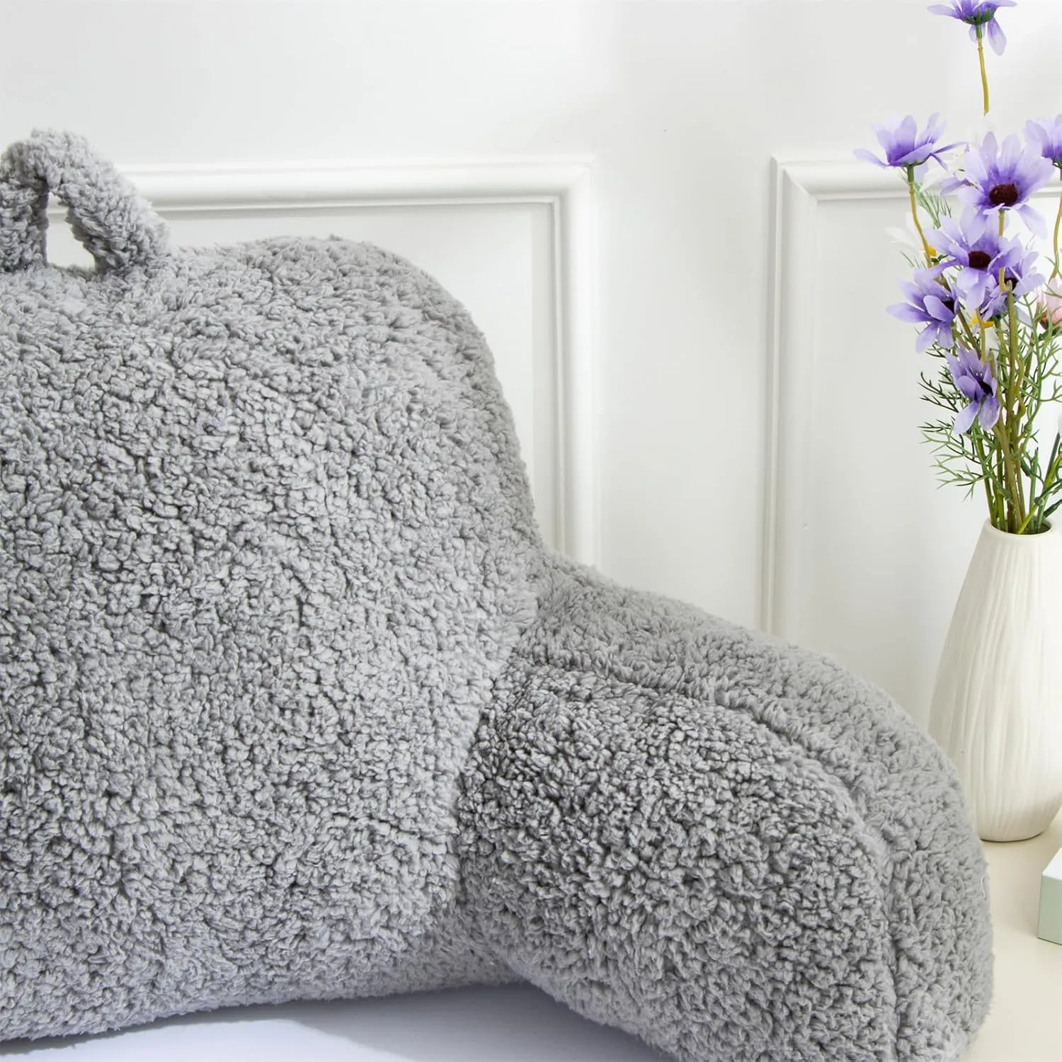 A Nice Night Sherpa Fleece Flannel Reading Pillow Bed Wedge Children Backrest with Arms Back Support for Sitting Up in Bed/Couch,Grey