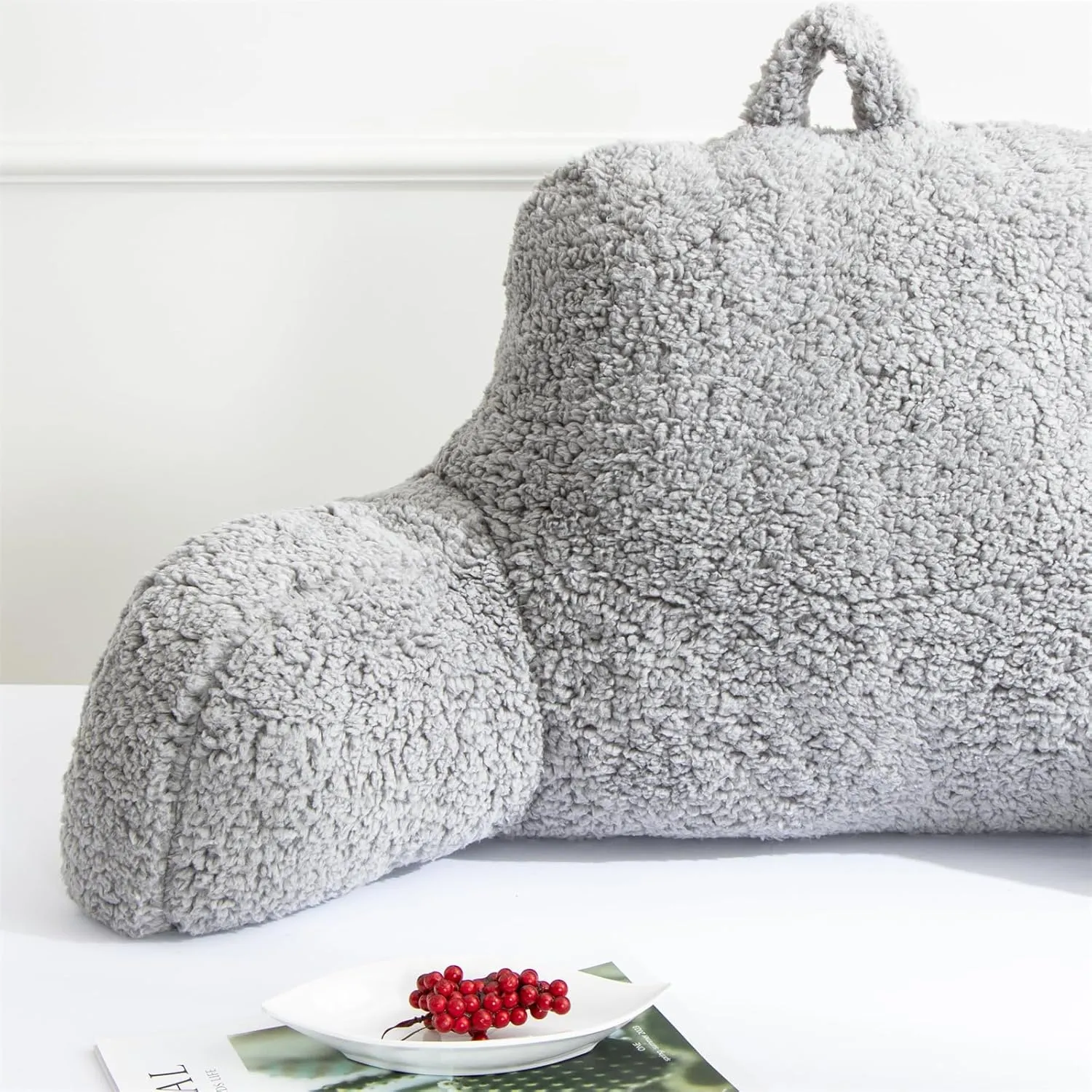 A Nice Night Sherpa Fleece Flannel Reading Pillow Bed Wedge Children Backrest with Arms Back Support for Sitting Up in Bed/Couch,Grey