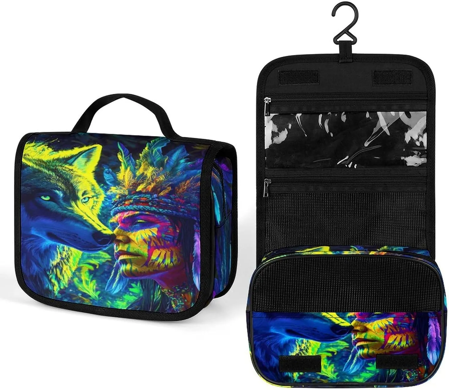 A Wolf And An Native (American-indian) Makeup Bag Portable Hanging Organizer for Travel Wash Bags With Handle And Divider