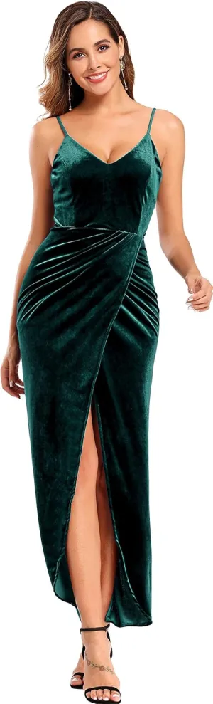 Ababalaya Elegant Spaghetti Strap Velvet Holiday Party Dresses for Women