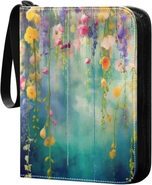 Abstract Flower Painting Card Binder with 50 Removable Page Sleeves PU Leather Collectible Trading Card Albums Book with Zipper for Games Card,Baseball Cards