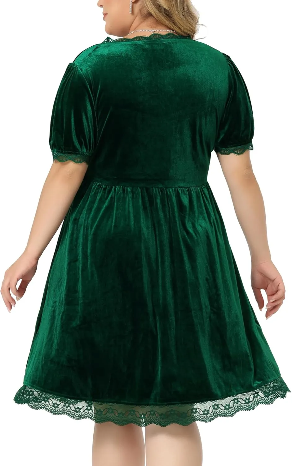 Agnes Orinda Plus Size Dress for Women Velvet Lace Trim a Line Short Sleeve Elegant Cocktail Party Dresses Christmas