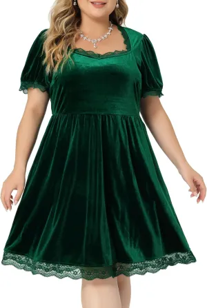 Agnes Orinda Plus Size Dress for Women Velvet Lace Trim a Line Short Sleeve Elegant Cocktail Party Dresses Christmas
