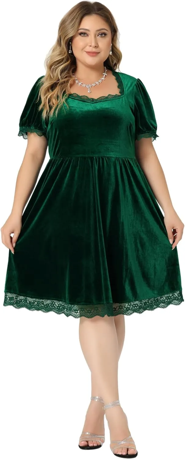 Agnes Orinda Plus Size Dress for Women Velvet Lace Trim a Line Short Sleeve Elegant Cocktail Party Dresses Christmas