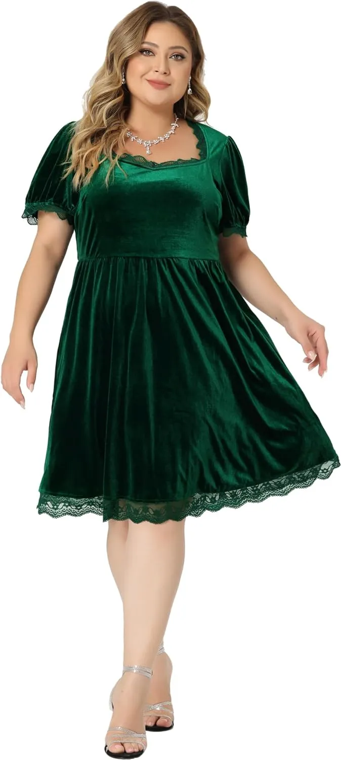 Agnes Orinda Plus Size Dress for Women Velvet Lace Trim a Line Short Sleeve Elegant Cocktail Party Dresses Christmas