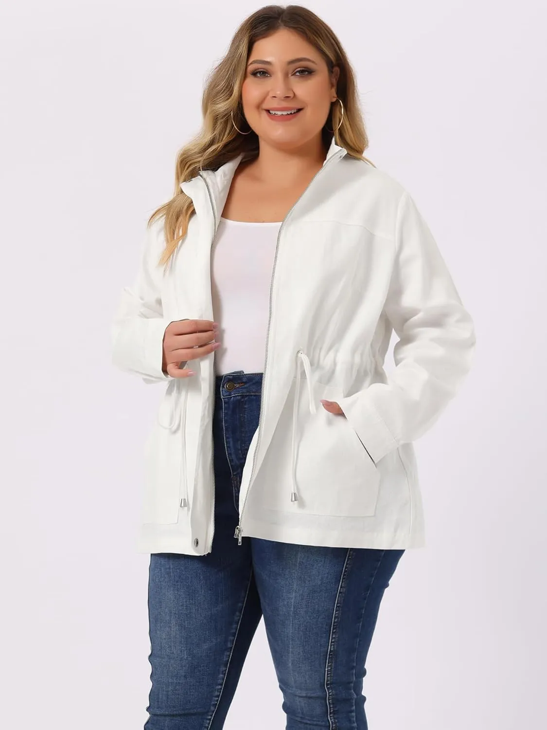 Agnes Orinda Women's Plus Size Jackets Lightweight Anorak Drawstring Utility Jacket with Pockets
