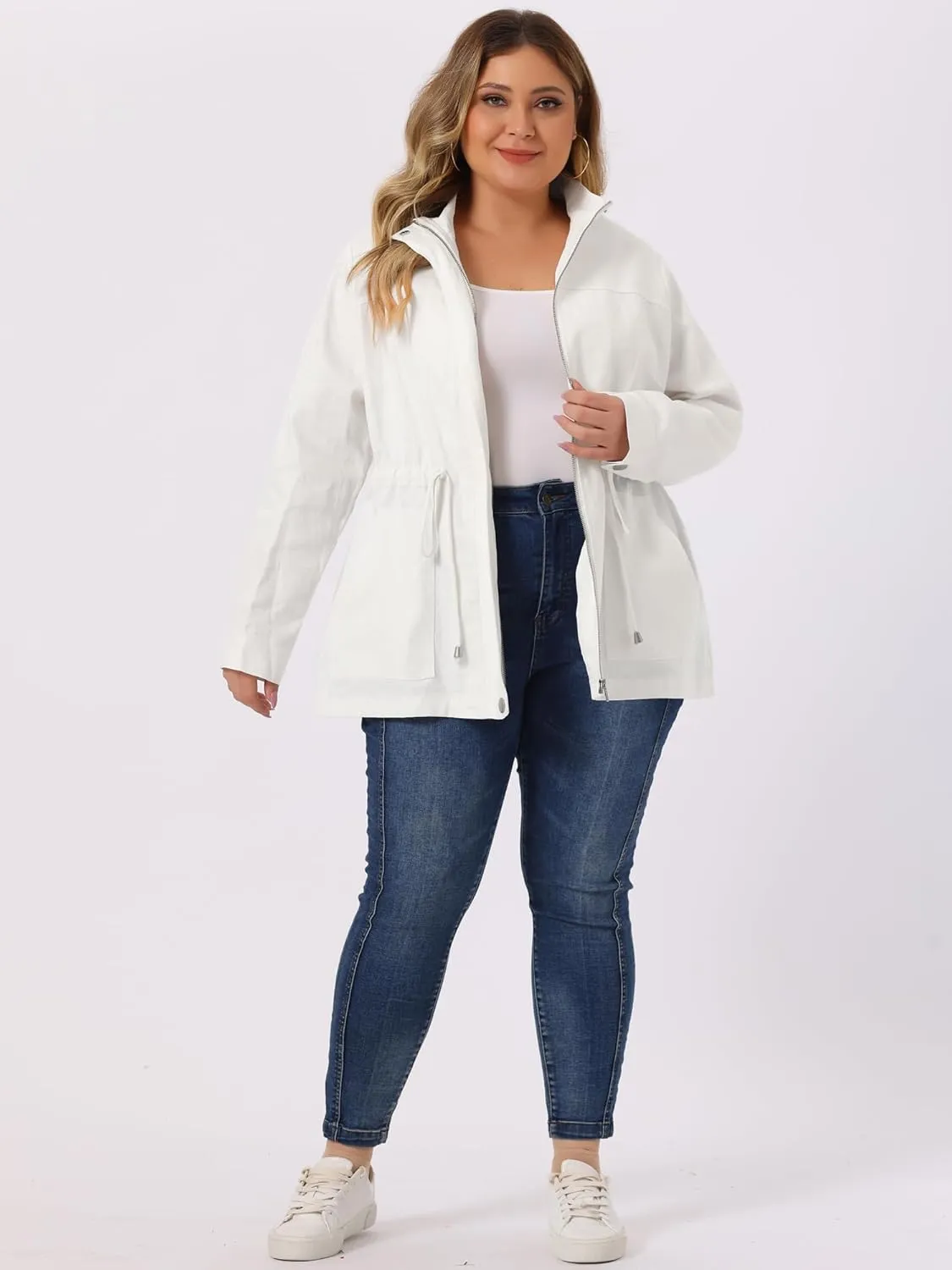 Agnes Orinda Women's Plus Size Jackets Lightweight Anorak Drawstring Utility Jacket with Pockets