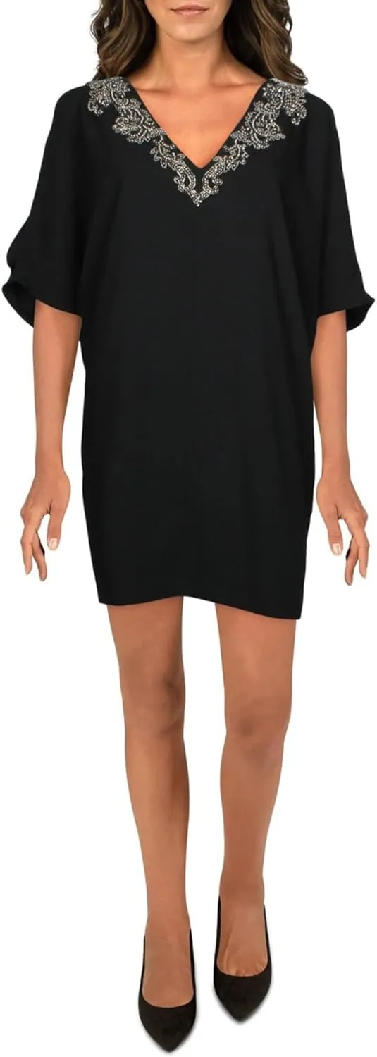 Aidan Mattox Womens Black Stretch Embellished Slitted Keyhole-Back Elbow Sleeve V Neck Mini Evening Sheath Dress 2