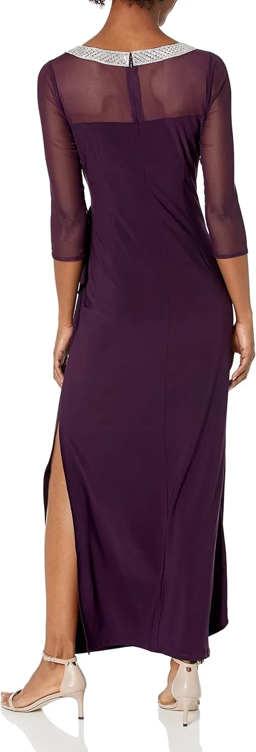 Alex Evenings Women's Long Matte Jersey Mother of The Bride Dress with 3/4 Illusion Sleeves (Petite and Regular Sizes)