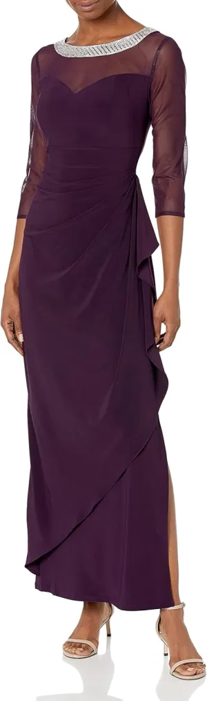 Alex Evenings Women's Long Matte Jersey Mother of The Bride Dress with 3/4 Illusion Sleeves (Petite and Regular Sizes)