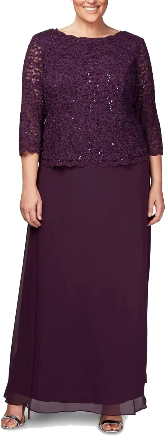 Alex Evenings Women's Plus Size Stretch Lace Bodice Mock One Piece Gown