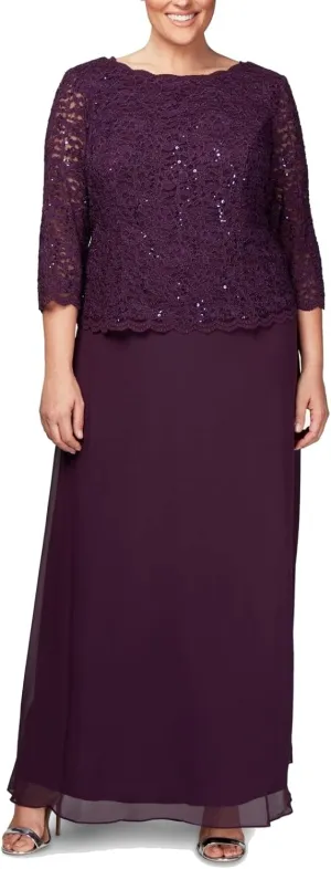 Alex Evenings Women's Plus Size Stretch Lace Bodice Mock One Piece Gown