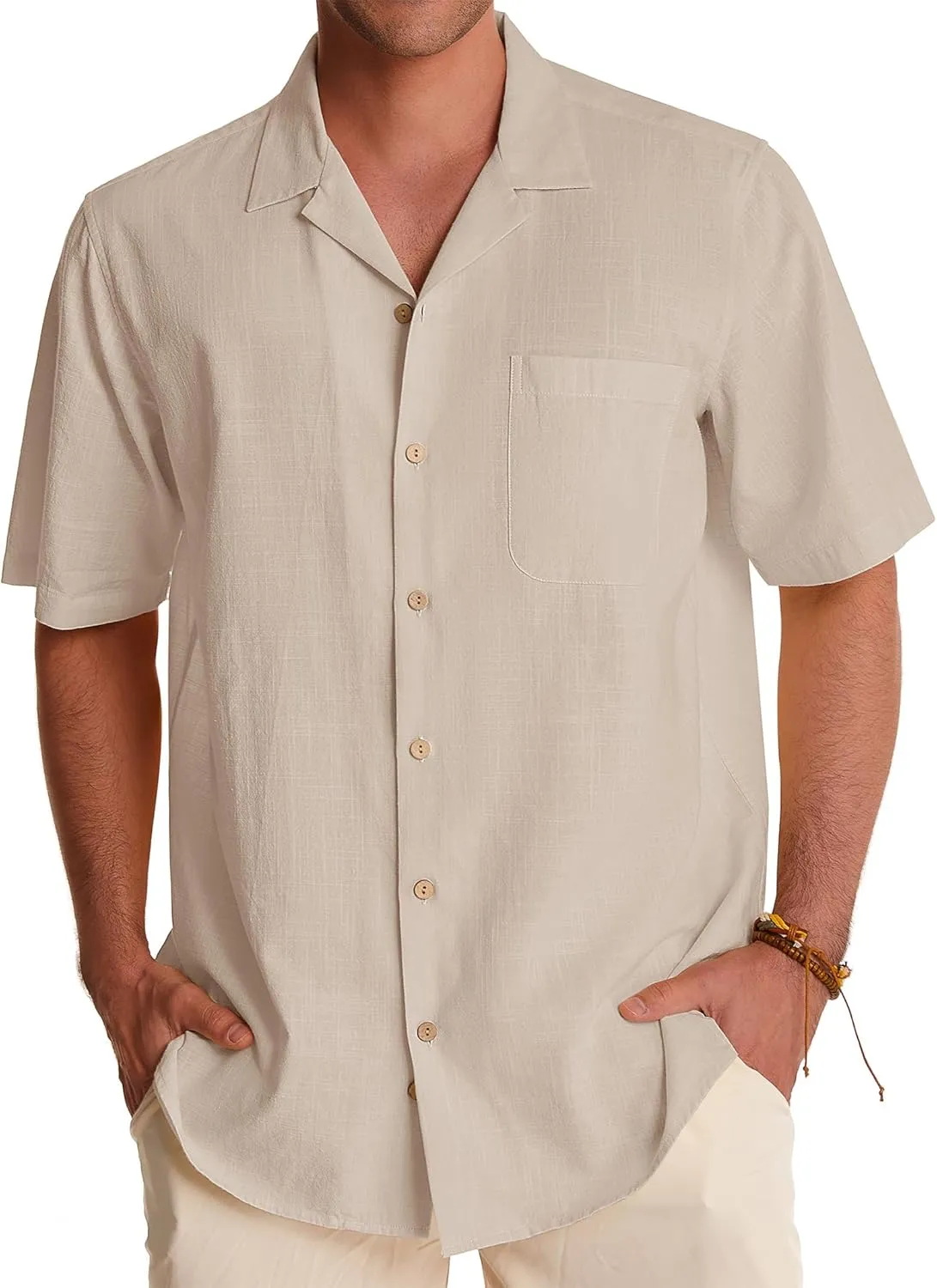 Alimens & Gentle Mens Linen Shirts Short Sleeve Button Down Shirts Cotton Summer Beach Cuban Shirts Vacation Hawaiian Shirts