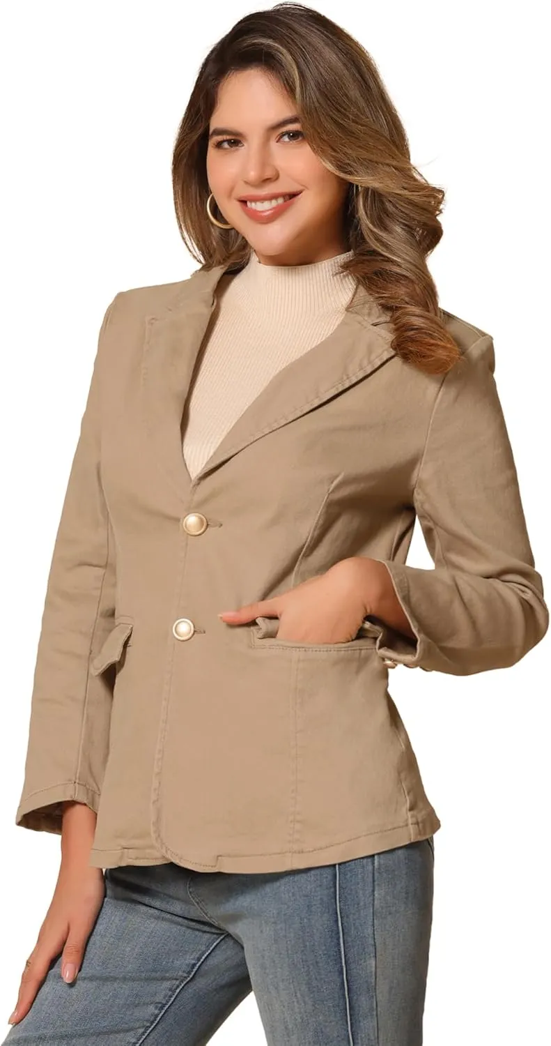 Allegra K Notched Lapel Blazer for Women's Denim Single Breasted Shoulder Pad Business Casual Jackets
