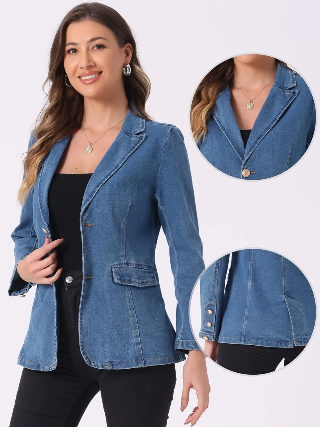 Allegra K Notched Lapel Blazer for Women's Denim Single Breasted Shoulder Pad Business Casual Jackets