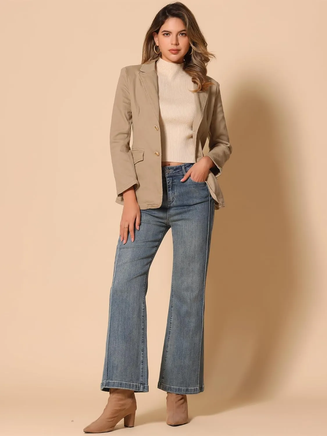 Allegra K Notched Lapel Blazer for Women's Denim Single Breasted Shoulder Pad Business Casual Jackets