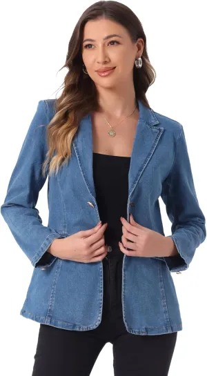 Allegra K Notched Lapel Blazer for Women's Denim Single Breasted Shoulder Pad Business Casual Jackets