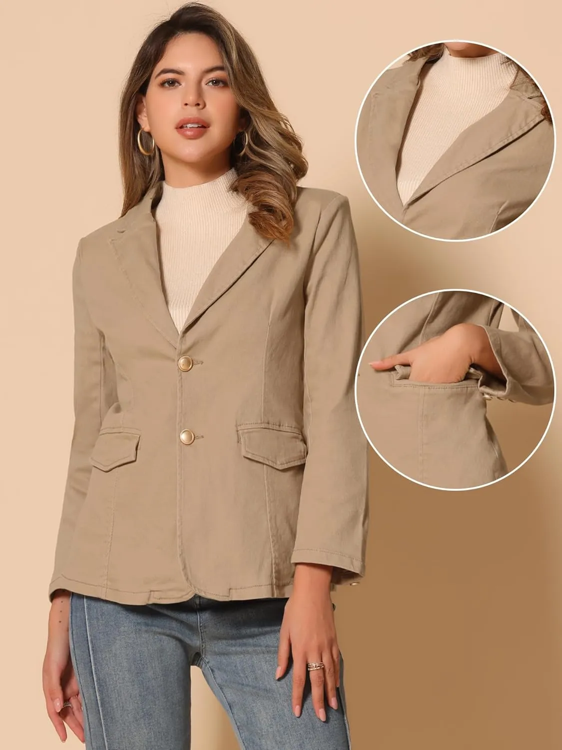 Allegra K Notched Lapel Blazer for Women's Denim Single Breasted Shoulder Pad Business Casual Jackets