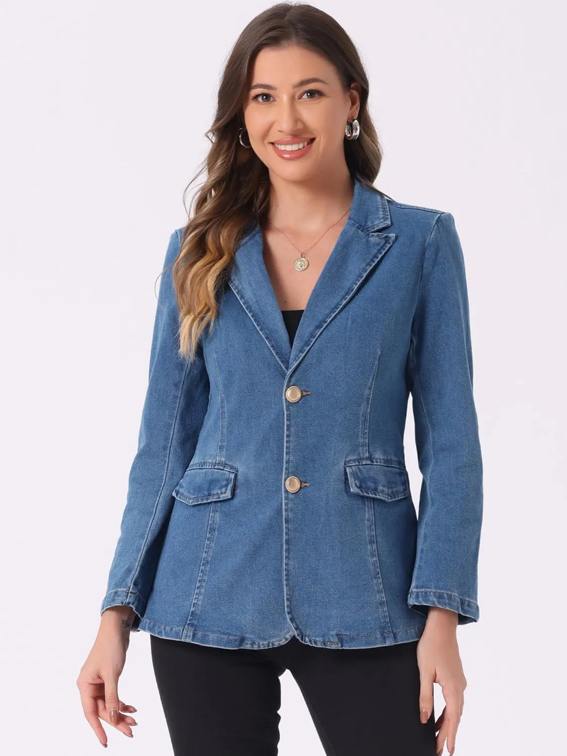 Allegra K Notched Lapel Blazer for Women's Denim Single Breasted Shoulder Pad Business Casual Jackets