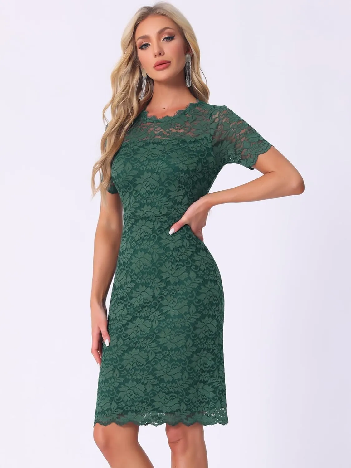 Allegra K Women's Elegant Floral Lace Dress Crew Neck Short Sleeve Cocktail Party Dresses