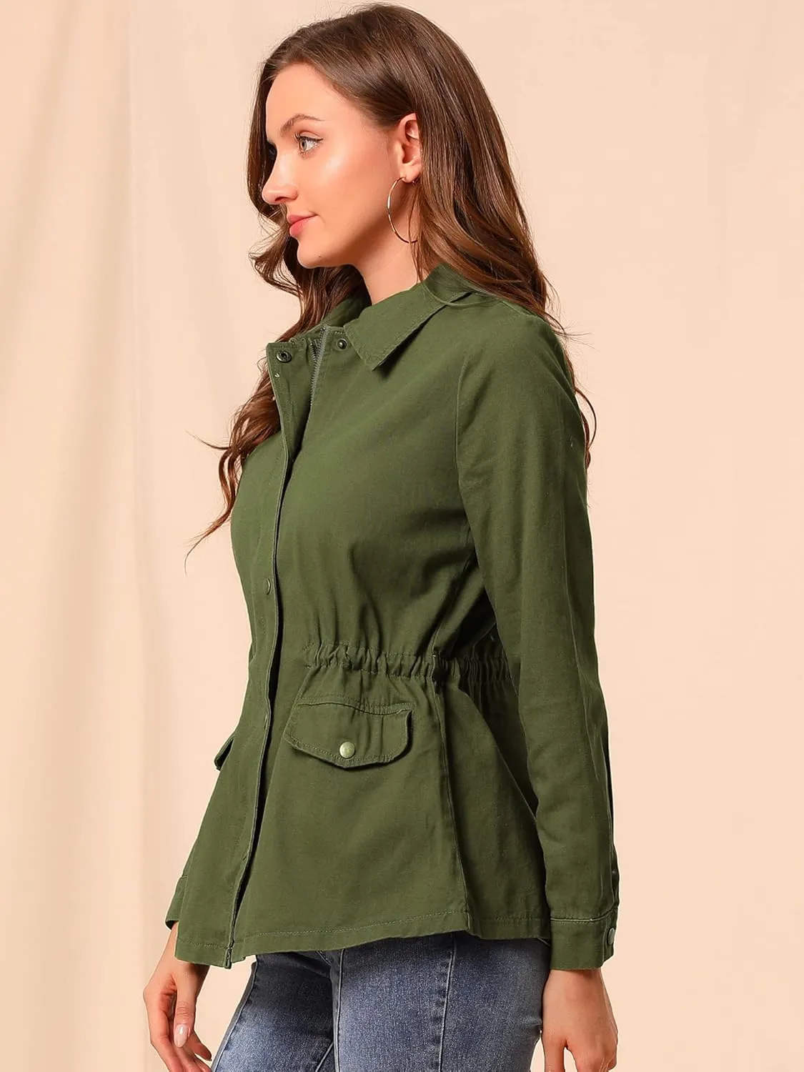 Allegra K Women's Utility Jackets Drawstring Waist 2025 Spring Flap Pockets Lightweight Jacket