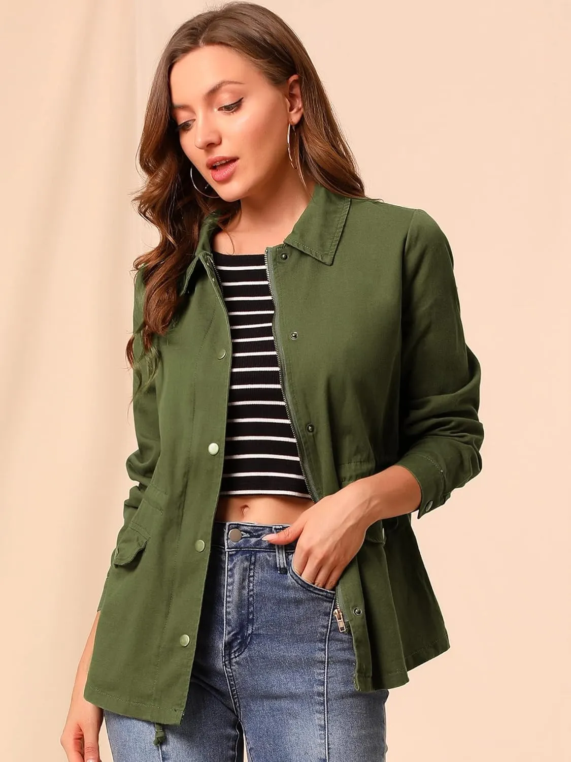 Allegra K Women's Utility Jackets Drawstring Waist 2025 Spring Flap Pockets Lightweight Jacket