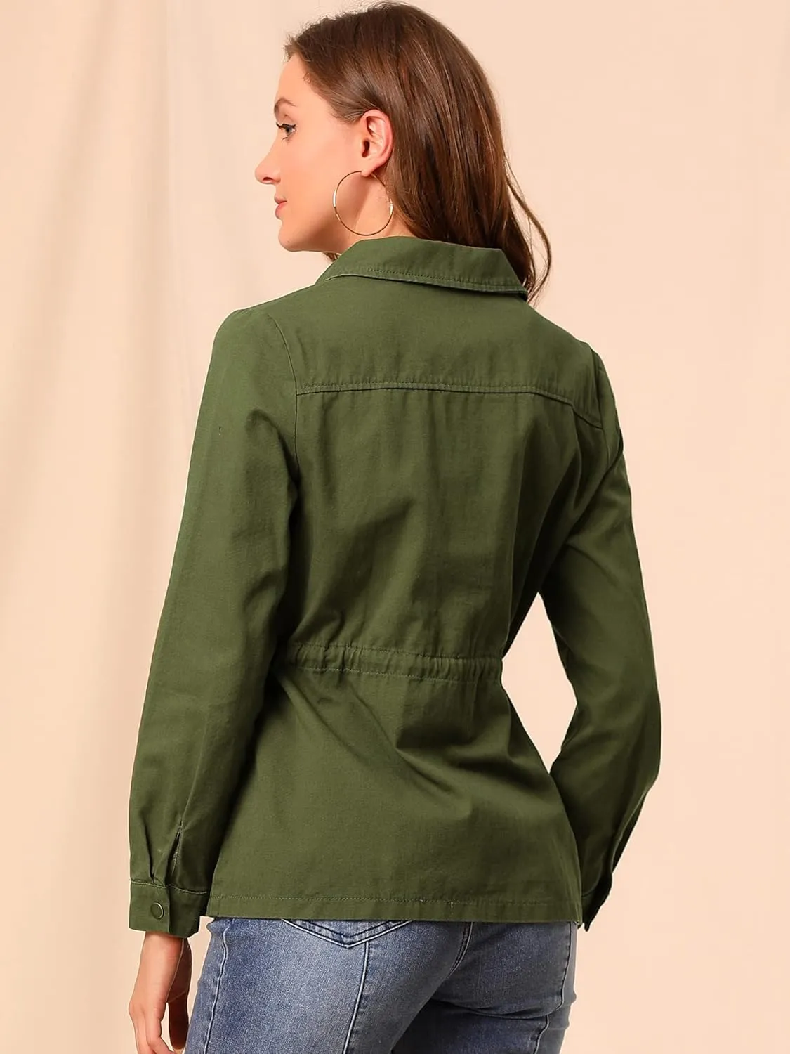 Allegra K Women's Utility Jackets Drawstring Waist 2025 Spring Flap Pockets Lightweight Jacket
