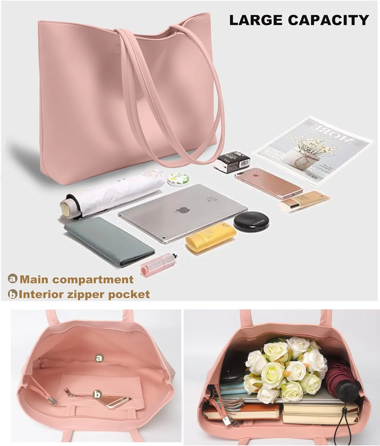 ALUWU Tote Bag for Women with Zipper Faux Leather Shoulder Handbags Work Purses
