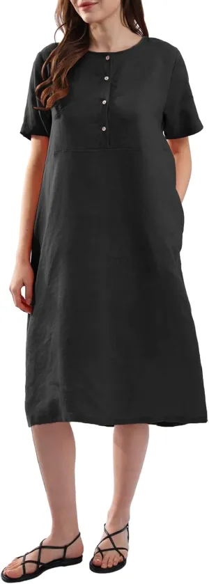 Amazhiyu Womens Pure Linen Summer Short Sleeve Midi Dresses with Pockets