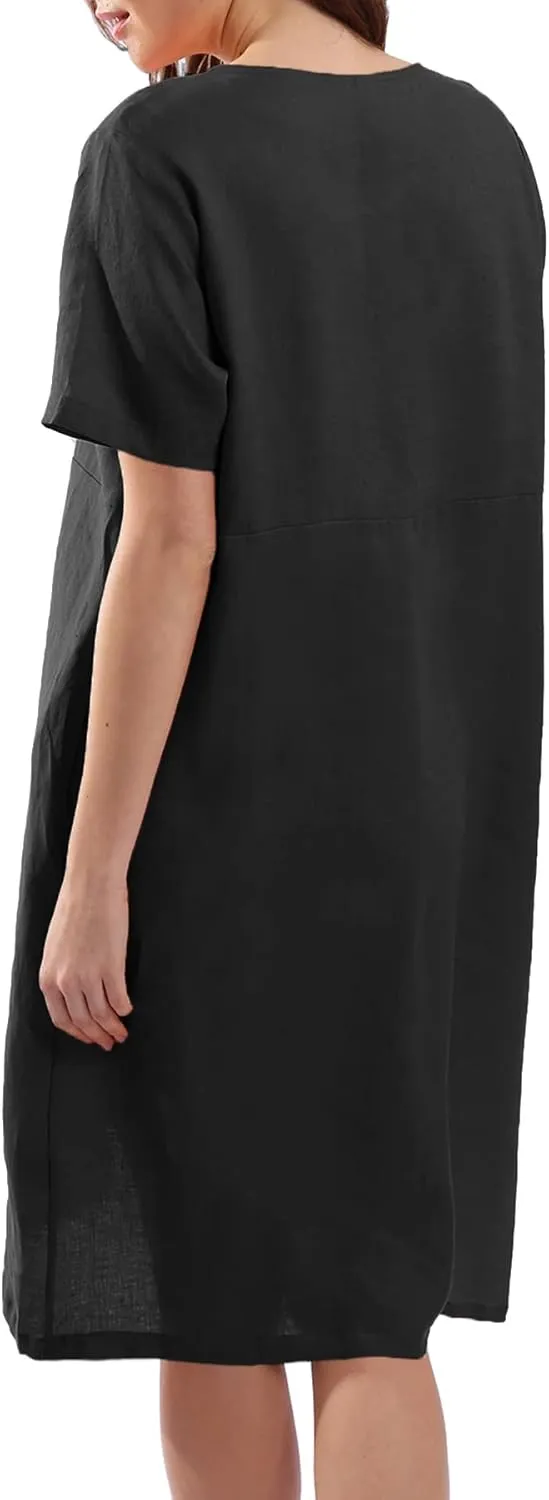 Amazhiyu Womens Pure Linen Summer Short Sleeve Midi Dresses with Pockets