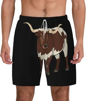 Animal Cow Print Men's Double Layer Swim Shorts, Gym Workout Shorts with Pocket