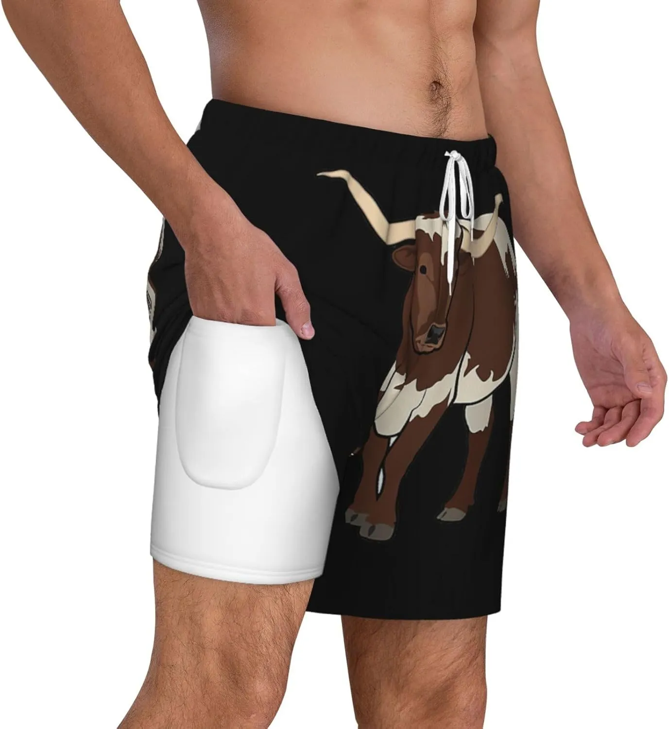 Animal Cow Print Men's Double Layer Swim Shorts, Gym Workout Shorts with Pocket
