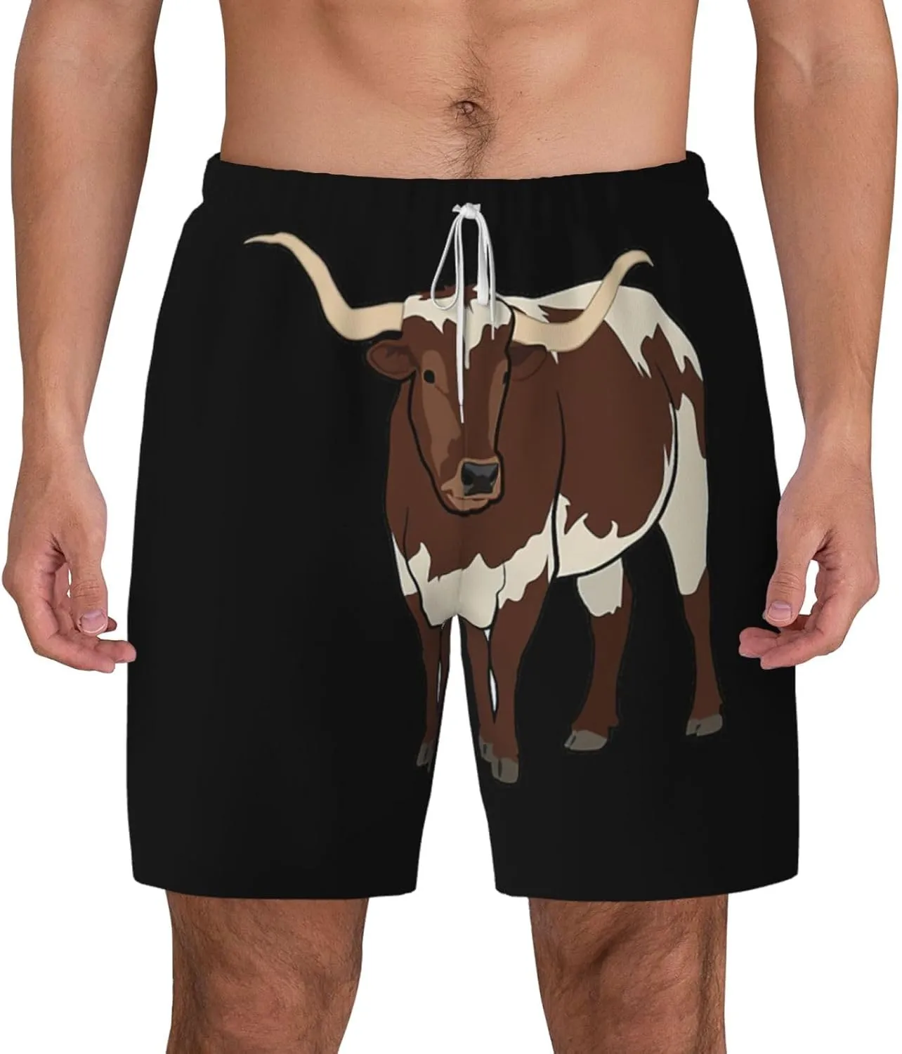 Animal Cow Print Men's Double Layer Swim Shorts, Gym Workout Shorts with Pocket