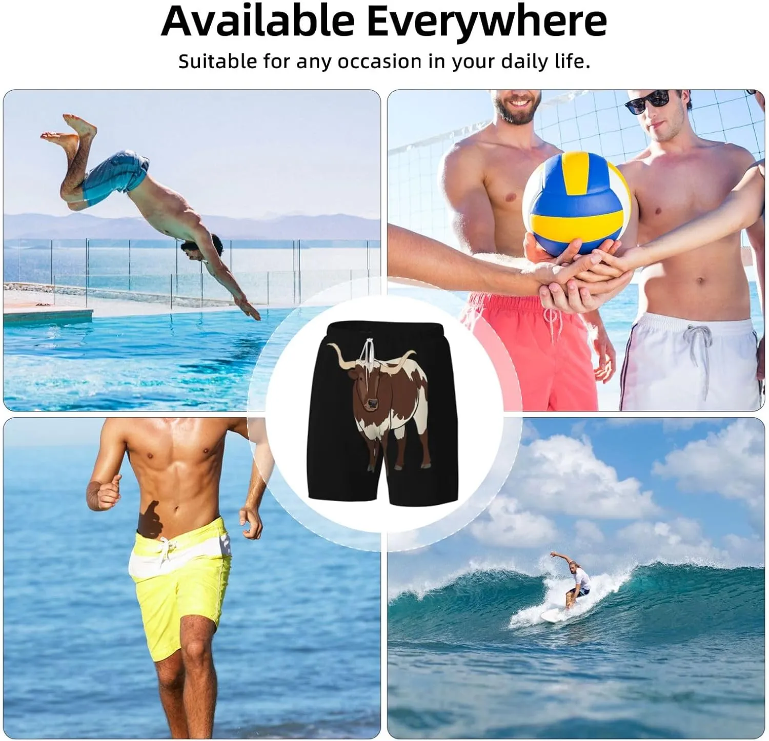 Animal Cow Print Men's Double Layer Swim Shorts, Gym Workout Shorts with Pocket
