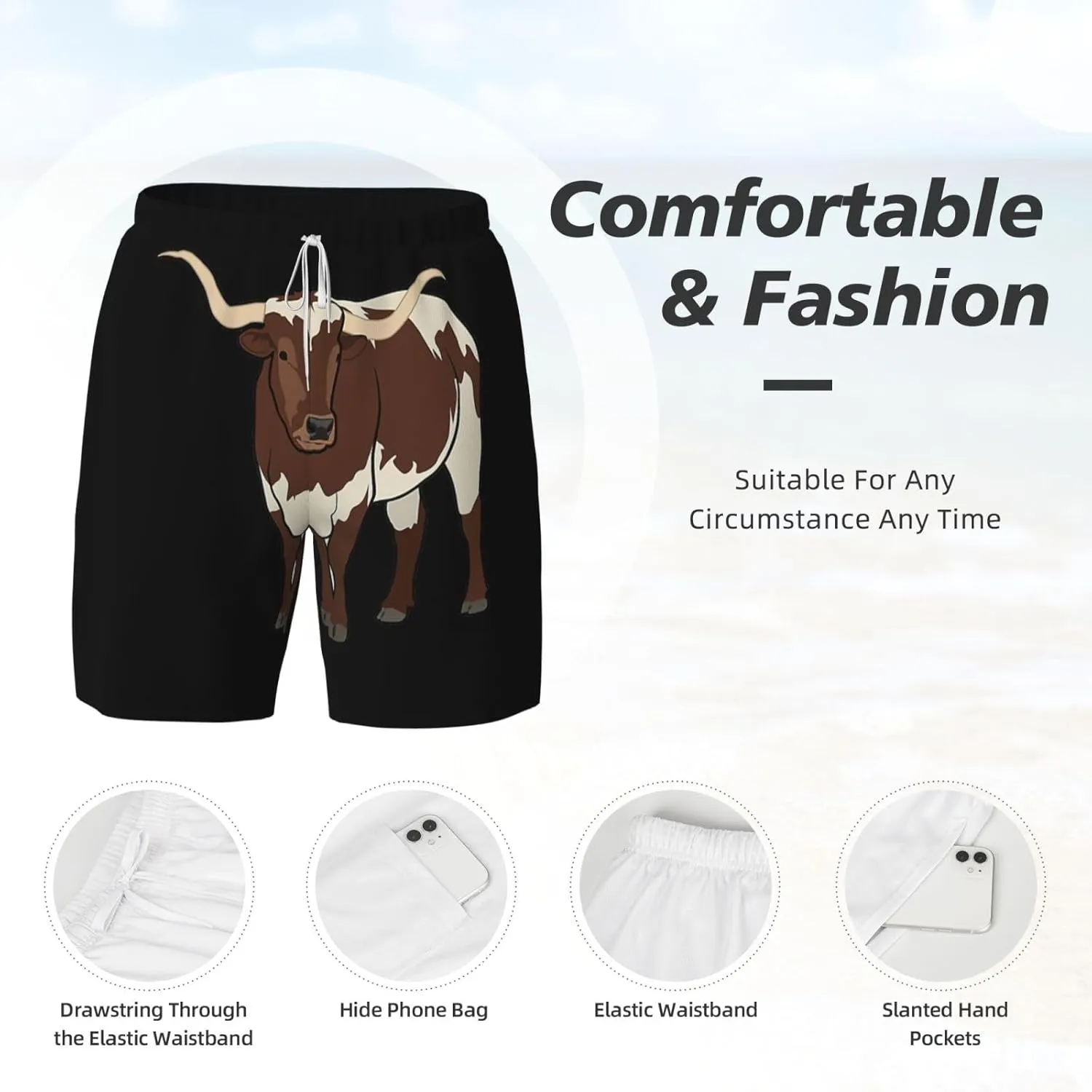 Animal Cow Print Men's Double Layer Swim Shorts, Gym Workout Shorts with Pocket