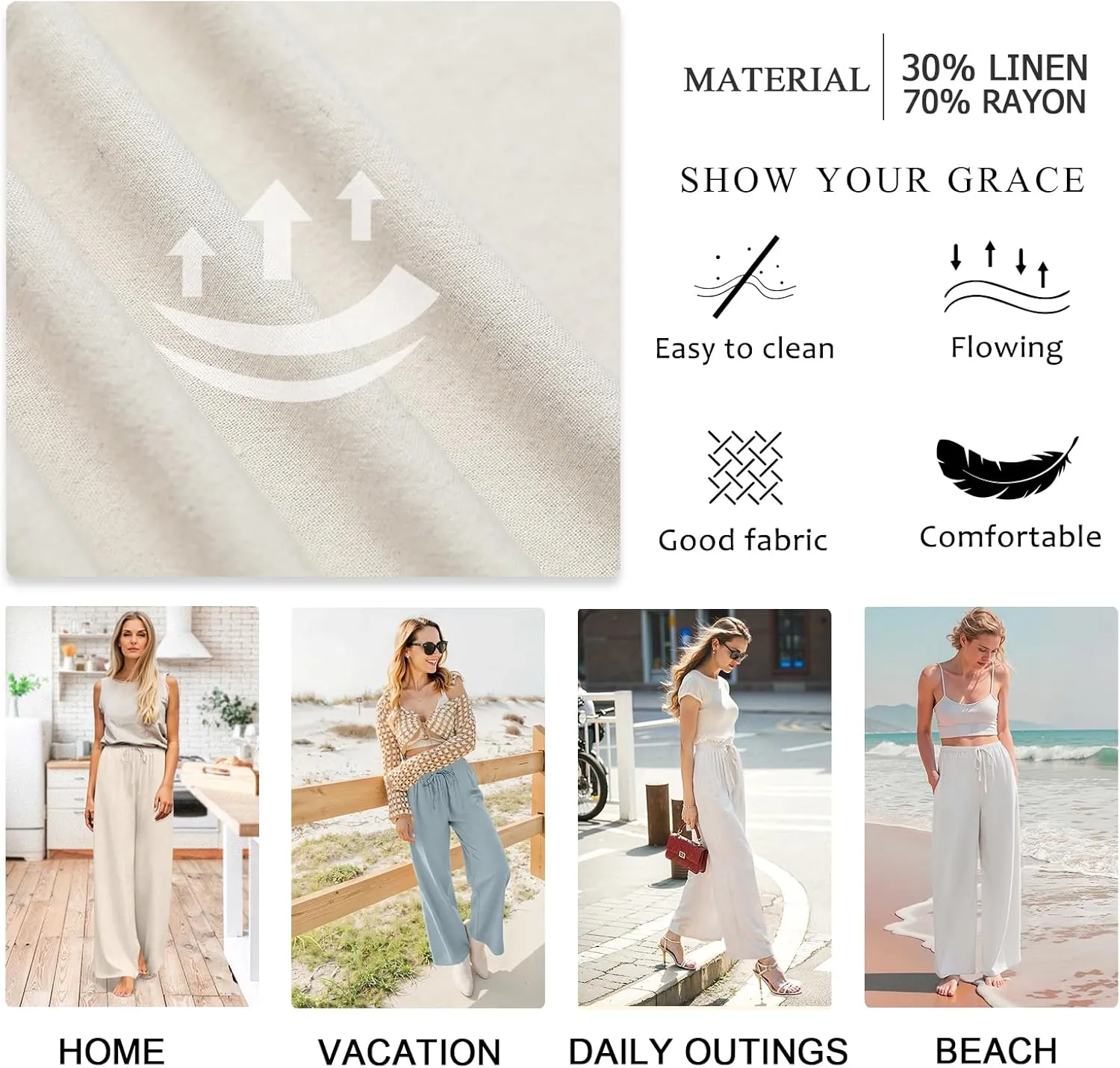 Anymeet Women's Linen Summer Palazzo Pants Flowy Wide Leg Beach Trousers M-3XL