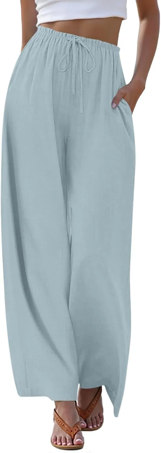 Anymeet Women's Linen Summer Palazzo Pants Flowy Wide Leg Beach Trousers M-3XL
